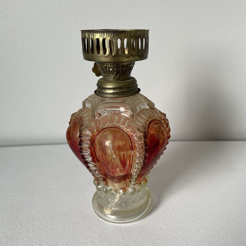 Vintage Antique Glass Oil Lamp Base Clear Red Brown Made in Hong Kong Glassware - Picture 2 of 10